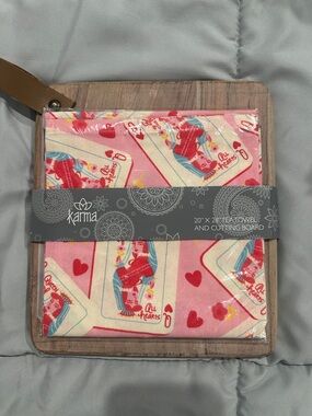 Karma Pink Tea Towel and Wood Cutting Board Set with Red and Blue Accents